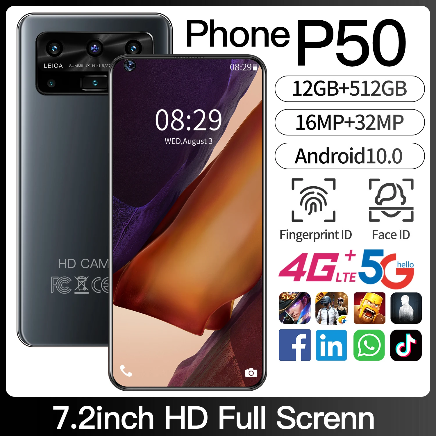 

Global Version P50 12GB+512GB Fingerprint Unlock 5G Mobile Phone 7.2 Inches 4G/5G Network 16MP+32MP HD Camera 6000Mah MobileGPS