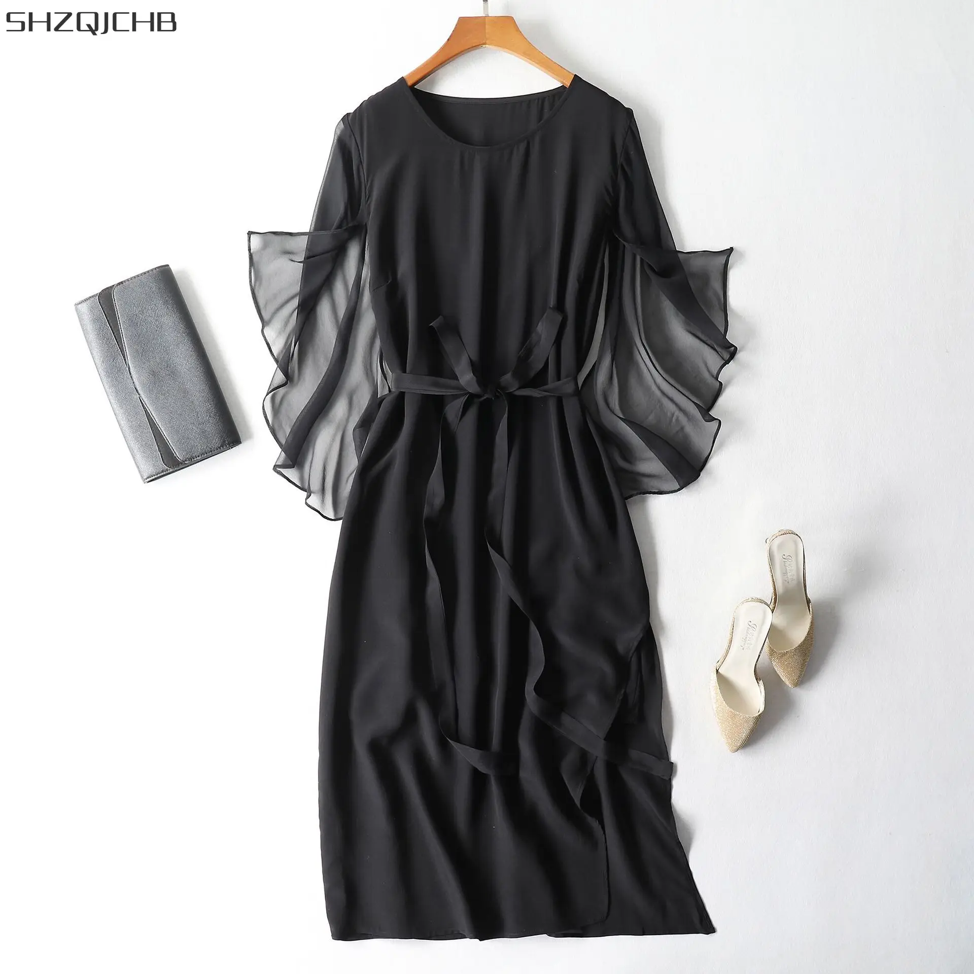 

SHZQ Real Silk Long Dress Women Vintage Black Dress Party Dresses Elegant Ladies Summer Dresses Spring Vestidos Verano 2021 98