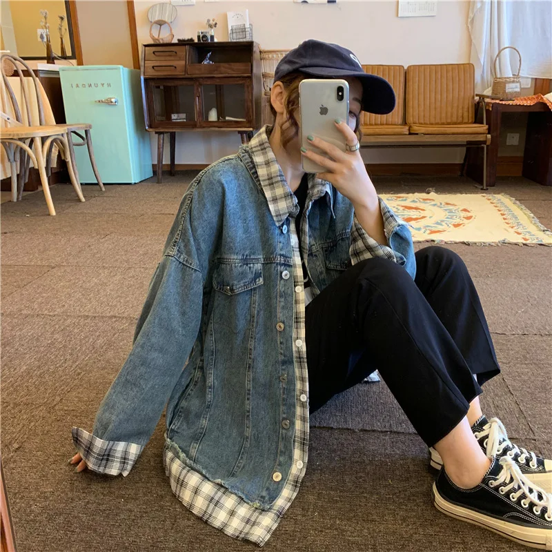 

Early Autumn New Style Korean-style Western Style Fashion Loose Mid-length Joint Lattice Jeans Coat Mock Two-Piece Female