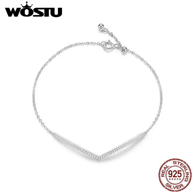 WOSTU Простой V браслет из стерлингового серебра 925 пробы сверкающий циркон