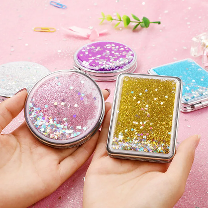 

CX26 Fashion Mini Pocket Makeup Mirror Creative Cosmetic Compact Mirrors with Flowing Sparkling Sand Can Wholesale Lettering