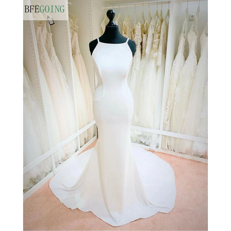 

Ivory Satin Sleeveless Backless Floor-Length Mermaid/Trumpet Wedding Dresses Chapel Train Spaghetti Straps Custom Made