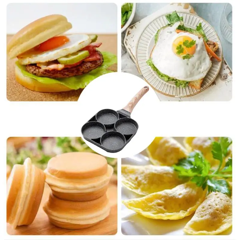 4 Hole Omelet Pan for Burger Eggs Ham Pancake Maker Wooden Handle Frying Pot Non-stick Cooking Breakfast | Дом и сад