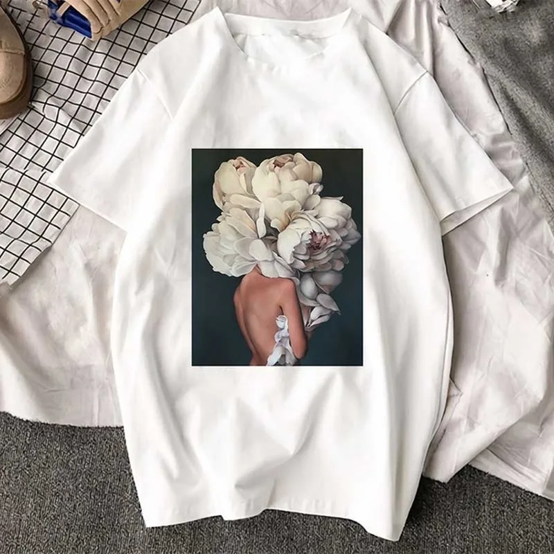 

Oversized T-shirts Women Feathers and Flowers Printing Clothes T Shirt Summer Shirts Loose Shirt Casual Camisetas Woman Tops