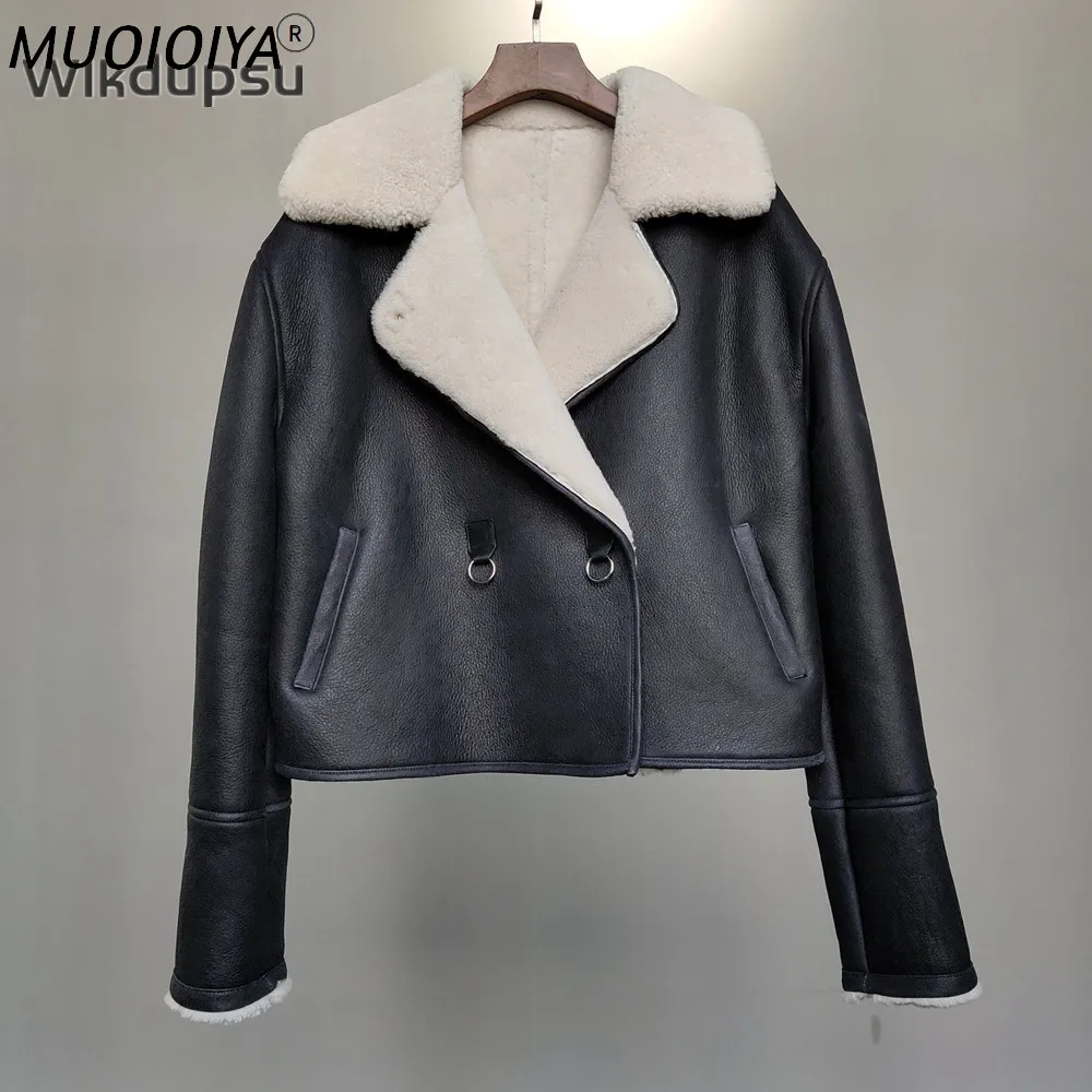 

Женская короткая куртка из натуральной овечьей шерсти, черная теплая мотоциклетная куртка из натуральной овечьей шерсти, верхняя одежда дл...