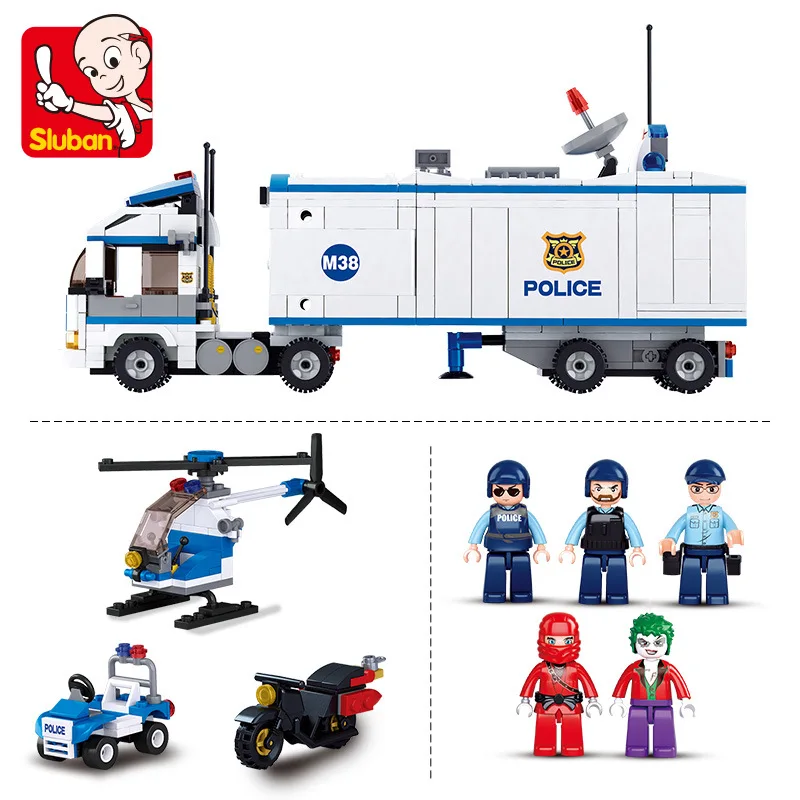 

572PCS SLuban 0376 Mobile Police Station Truck Assembly Model Boy Small Particles Assembled Building Blocks Toy Gift