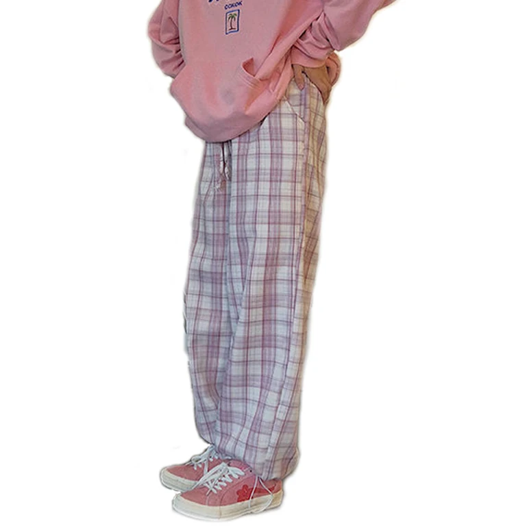 

Vintage Pink Plaid Pants Elastic Waist Plus Size Clothing for Women Casual Loose Wide Leg Pants Pockets Harajuku Korean Clothes