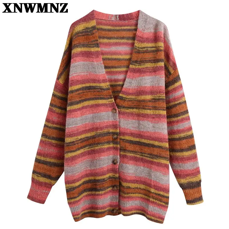 

XNWMNZ 2021 women Fashion striped long knit cardigan Women's retro v-neck long sleeves wool alpaca blend button-up Knitted top