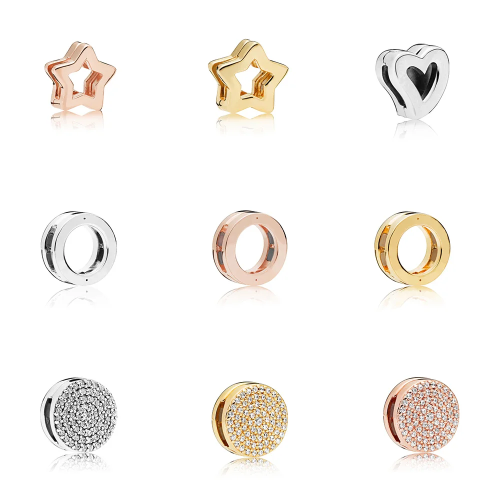

925 Sterling Silver Beads Five - Star Rose Gold Round Shape Crystal Bead For Women Diy Pandora Charm REFLEXIONS Bracelet
