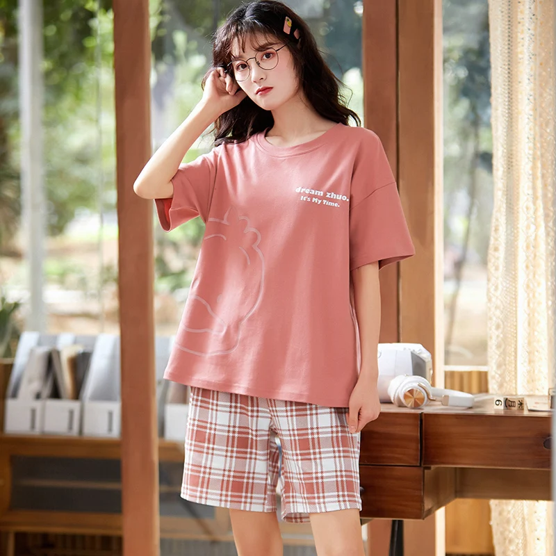 

ATUENDO Summer Kawaii Pajama Sets for Women 100% Cotton PJS Cute Pink Soft Sleepwear Fashion Satin Silk Solid Lounge Nightwear