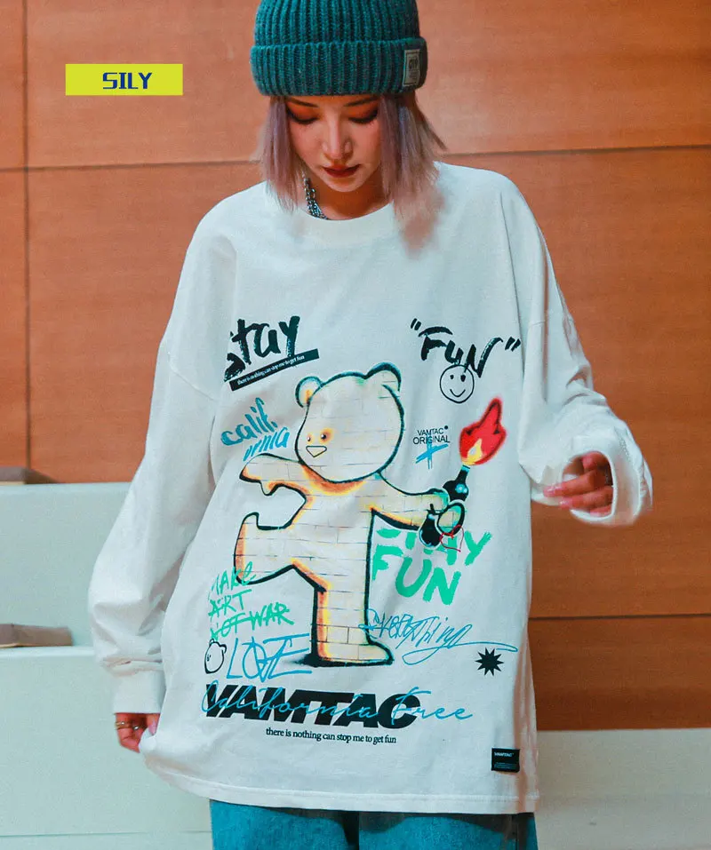 

Harajuku Graffiti Bear Print Long Sleeve Tshirts Streetwear 2020 Hip Hop Casual Cotton Loose Tees Shirts Mens Tops