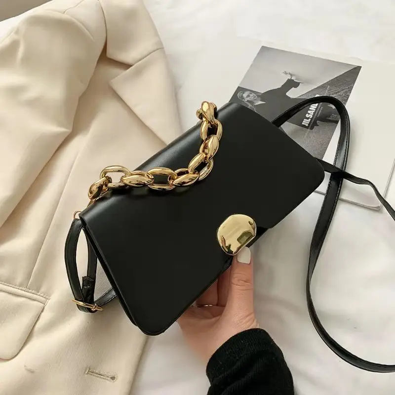 

Мини-сумки на плечо с клапаном для женщин, сумочка-Багет сплошного цвета, украшение на цепочке, Осень-зима 2021, новая дизайнерская универсаль...