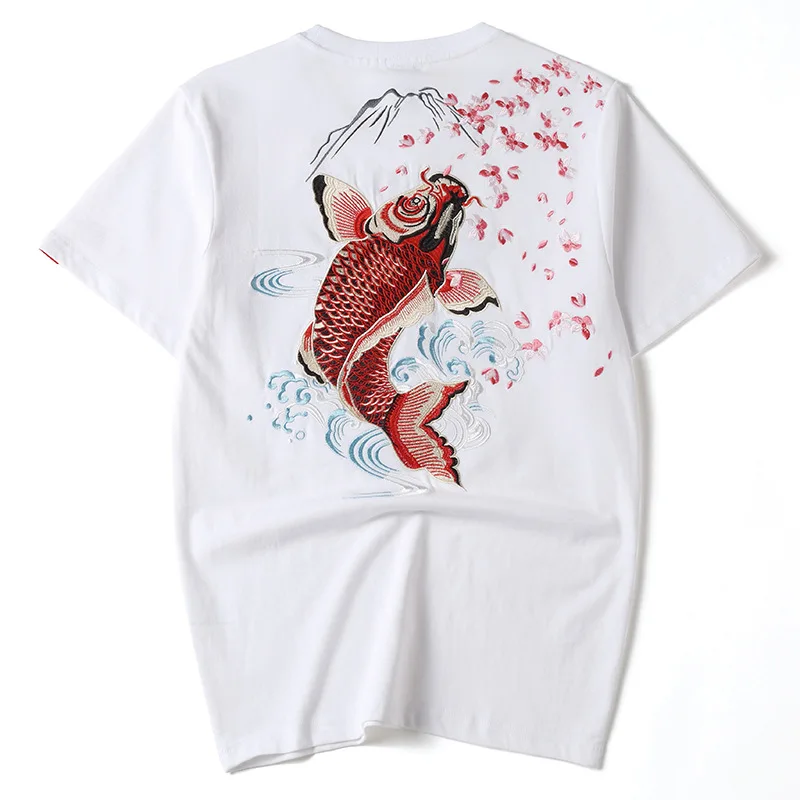 

Summer Men's Chinese Style T-shirts Heavy Industry Embroidery Koi Couple Clothes Pure Cotton Loose Short-sleeved T-shirt For Men