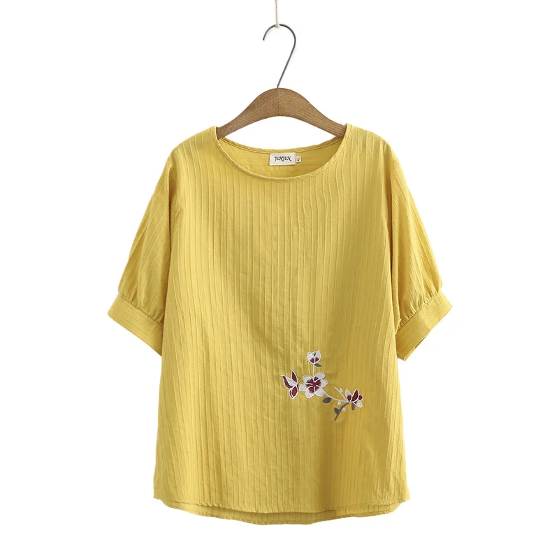 

Plus Size Women's Full Cotton Tshirts Casual Short Sleeve Floral Embroidery Tops Oversized White Blue Shirts