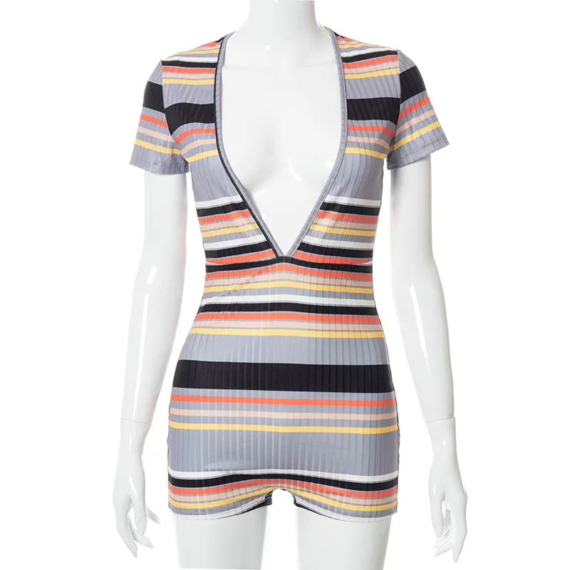 

Women's summer color stripe printing deep V-neck sexy slim sports shorts jumpsuit
