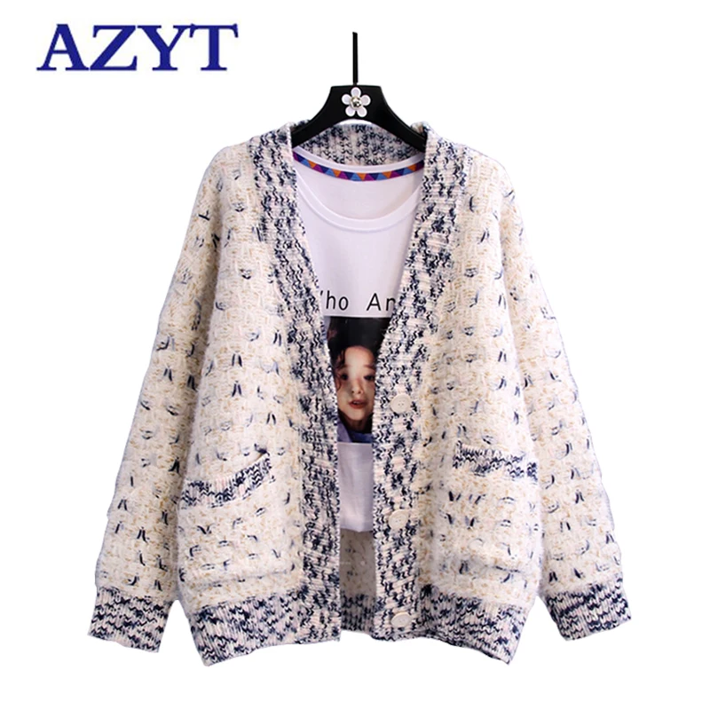 

AZYT сезон: весна-лето белый V образным вырезом кардиган женский свитер в Корейском стиле свободные с длинным рукавом вязаный кардиган женски...