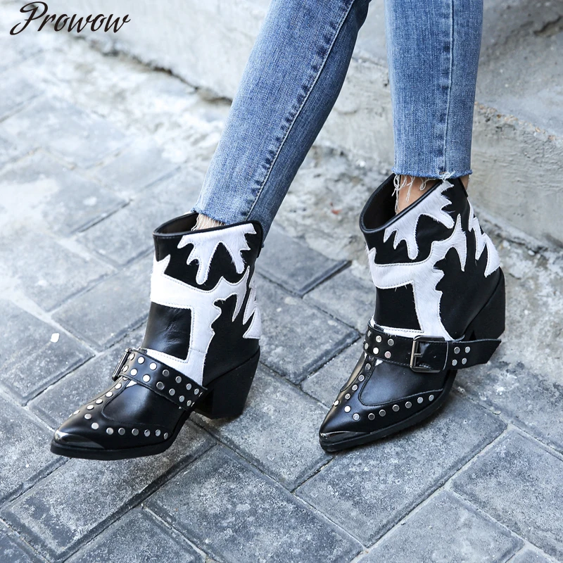 

Prowow Vintage Black White Women Genuine Leather Horsehair Ankle Boots Metal Pointed Toe Booties Female Rivet Militares