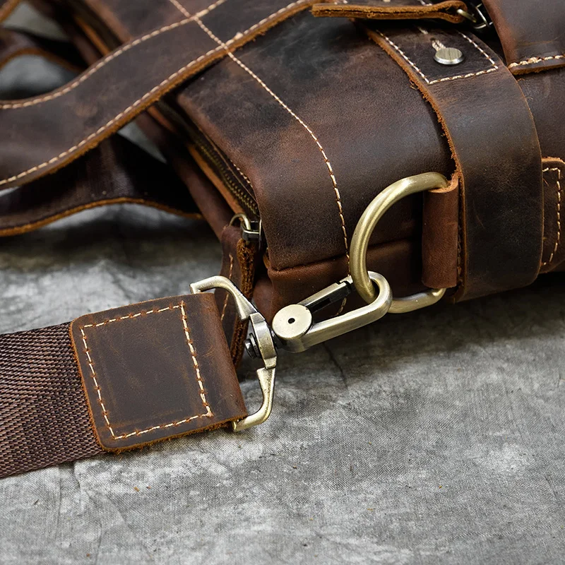 

Men's Crazy horse leather briefcase Brown 15" Cow leather laptop bag Vintage PC shoulder bag business bag Durable work tote