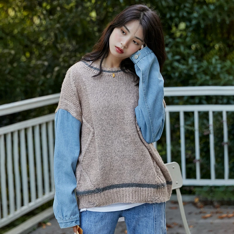 GALCAUR Patchwork Denim Women's Sweaters Long Sleeve O Neck Hit Color Oversized Female Sweater 2020 Autumn Winter Fashion New | Женская
