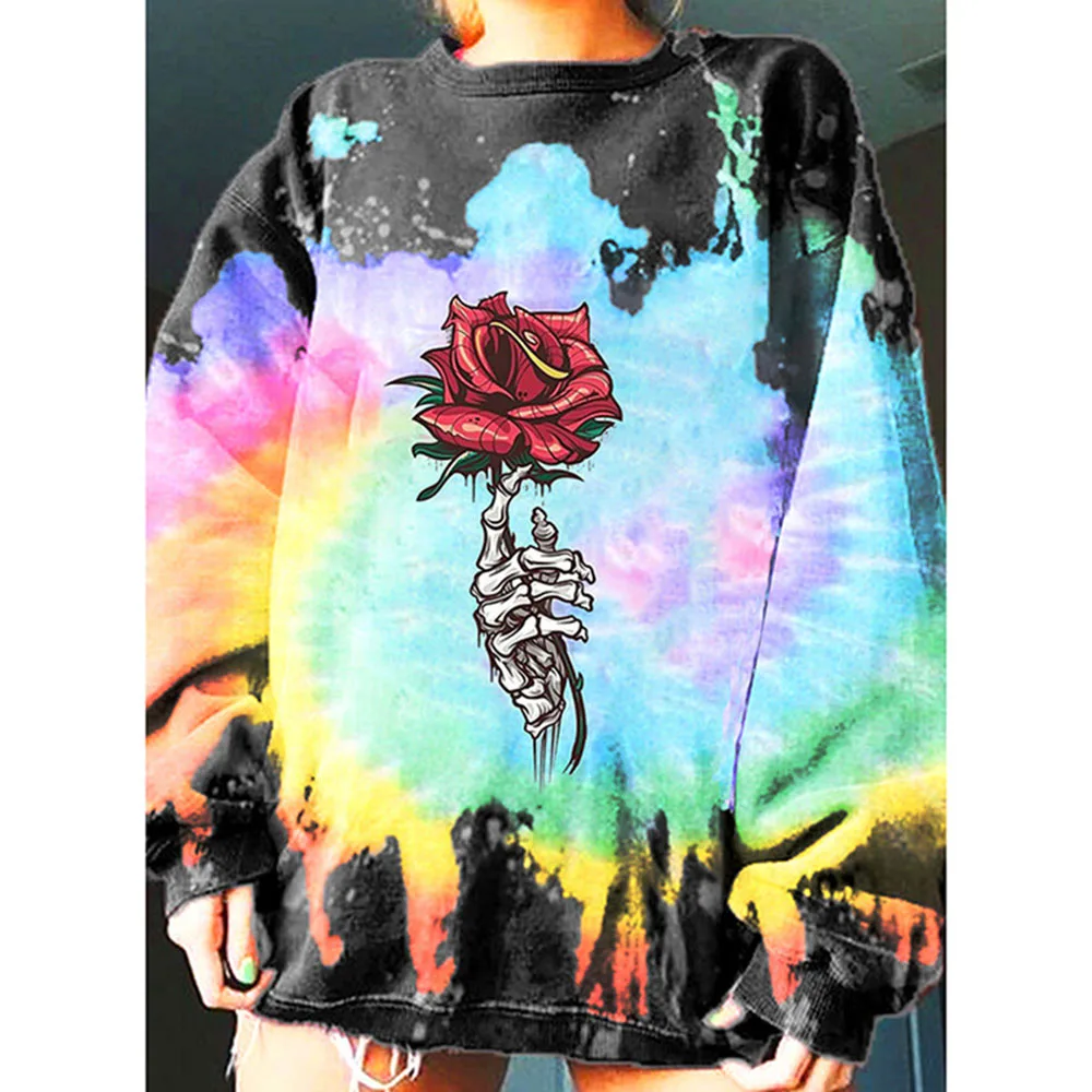 

Women Fashion Hoodie Casual Long Sleeve Rose Printing Patchwork Pullover Round Neck Tie Dye Lady Hoodie Loose Floral Winter Tops