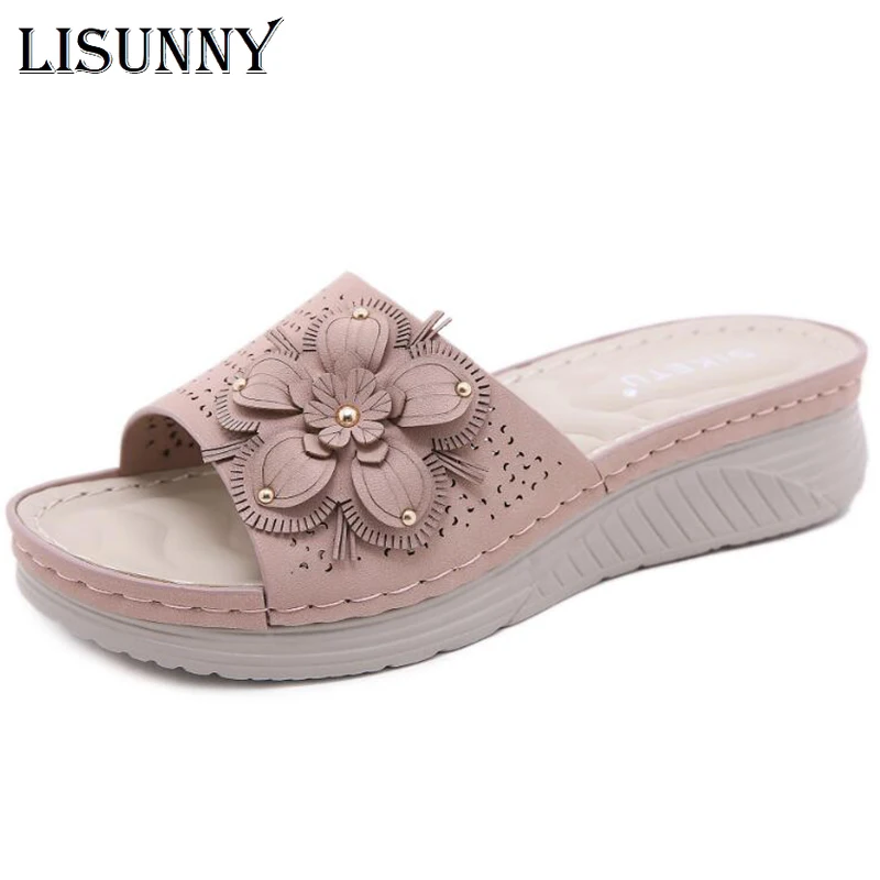 

Женские летние босоножки LISUNNY 2021, модные однотонные босоножки с цветочным принтом, на плоской платформе, повседневные дамские тапочки на та...