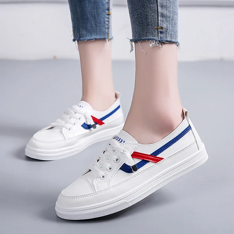 

White Shoes Women's 2021 PU Leather Running Shoes Woman Lace-up Trainers Round Toe Shoes White Sneakers Female Student Shoes