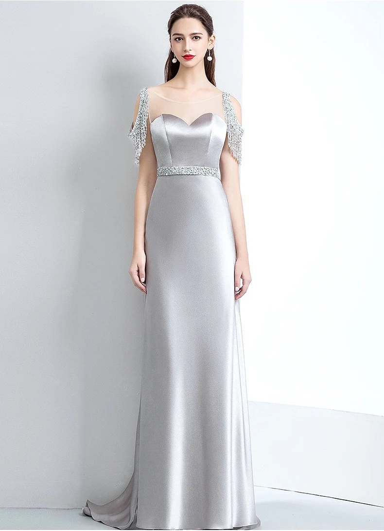

New Mermaid Silver Evening Dress Satin Crystal Beaded Fashion Luxury Party Prom Celebrity Gowns For Wedding Guests Ceremony 2022