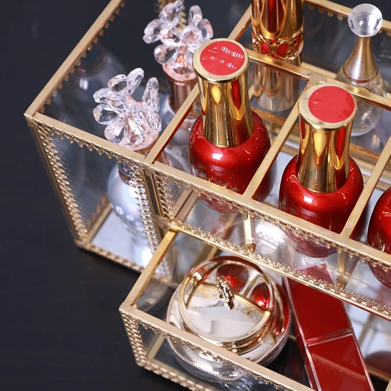 

Make Up Storage Baskets Vintage Golden Polygon Shaped Organizer Brass Tone Clear Glass Ornate Jewelry Sundries Storage Tray