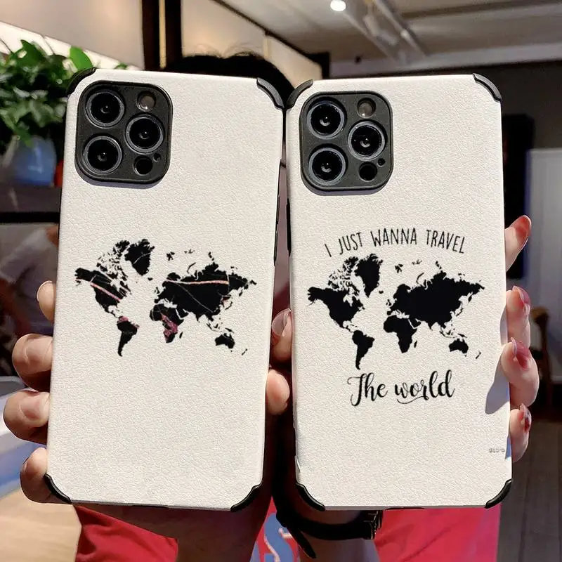 

World Map Travel Phone Case Lambskin Leather For iphone 12 11 8 7 6 XR X XS PLUS MINI PLUS PRO MAX Shockproof