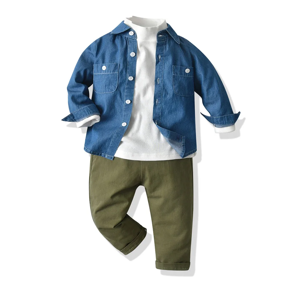 

top and top 2021 Autumn&Spring Child Boys Clothing Casual Denim Shirt+White Shirt+Pants 3pcs Outfit Little Boy Clothes