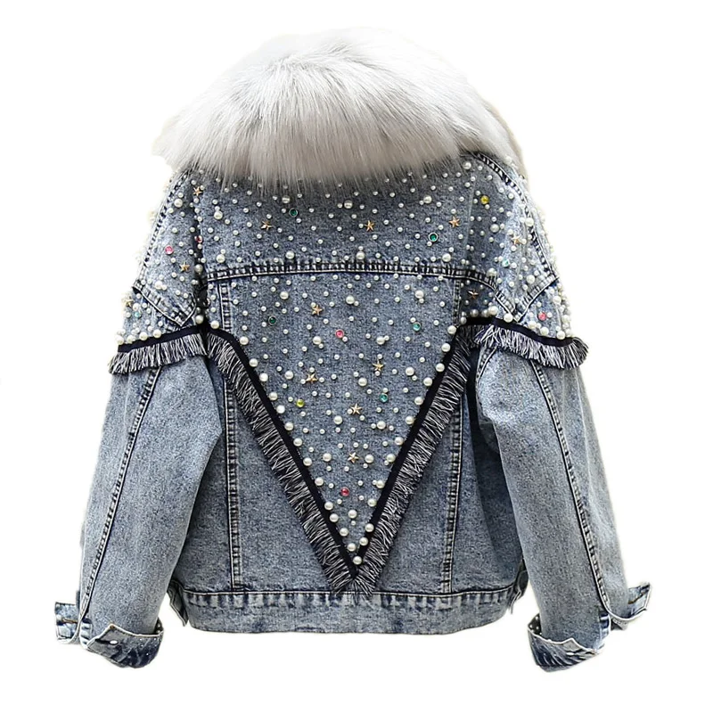 blue coat gray fur Зимняя женская джинсовая куртка с мехом, Женская парка, новинка, черное джинсовое пальто женское джинсовое пальто с заклепками и стразами, шерстяная подкладка - Цвет: blue coat gray fur