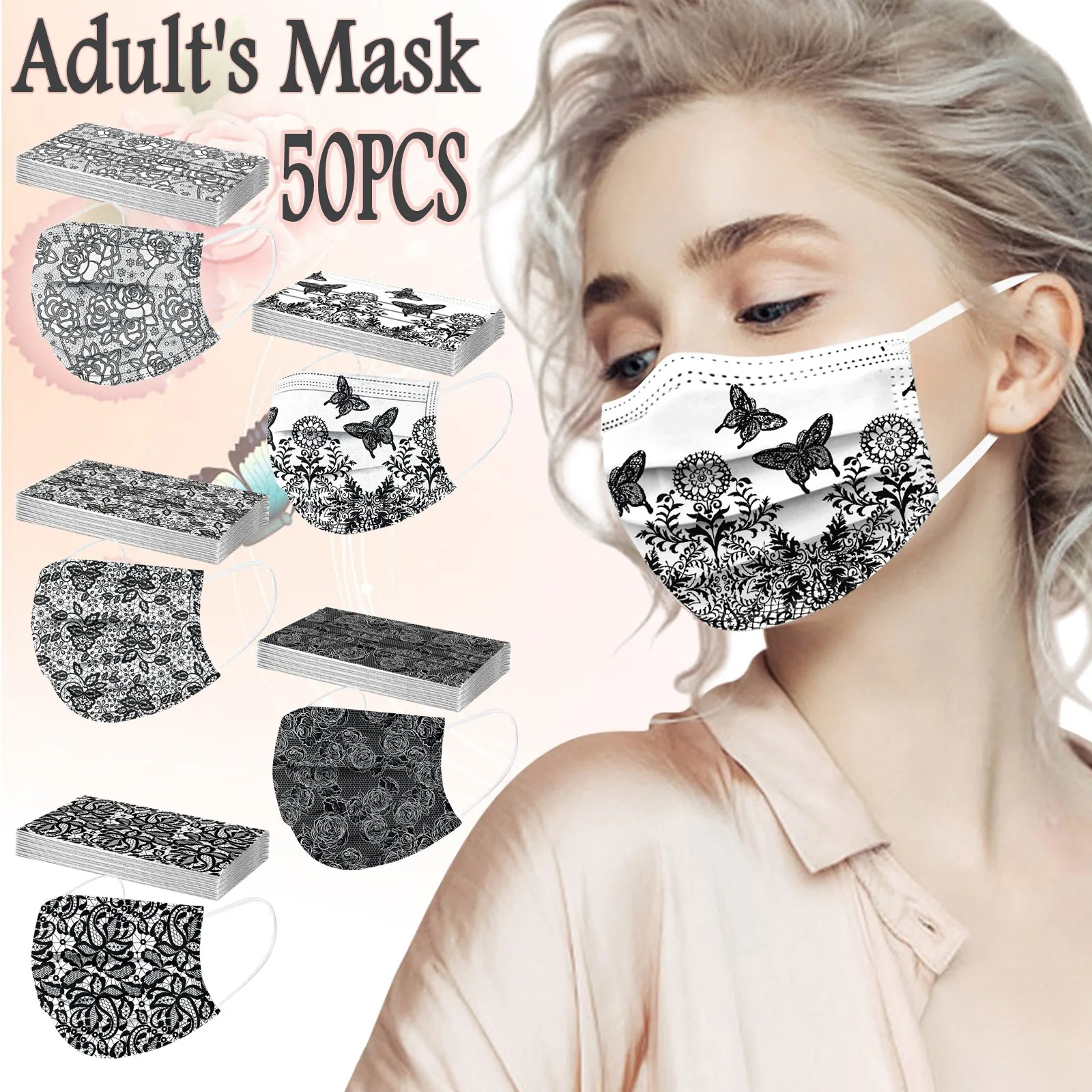 

50pc Adult Women Butterfly Print Mask Mouth-muffle Disposable Floral Pattern Face Fabric mask 3Ply Cloth mascara Fashion Cosplay