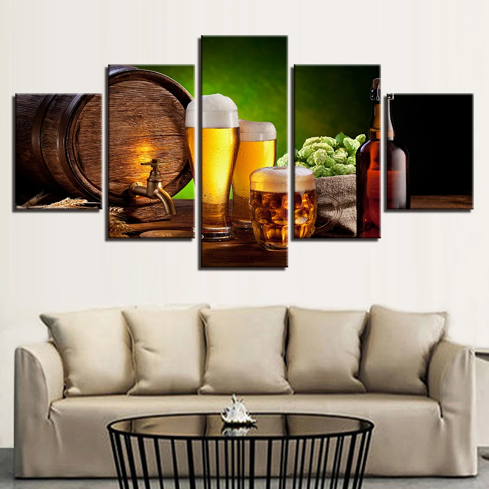 Декоративная картина из 5 предметов с изображением пива и бокала вина для кухни