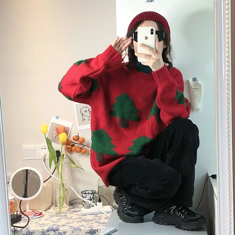 

Women's Red Sweater Pullover 2020 Korean Fashion Winter Clothes O Neck Long Sleeve Christmas Trees Pattern Female Loose Sweaters