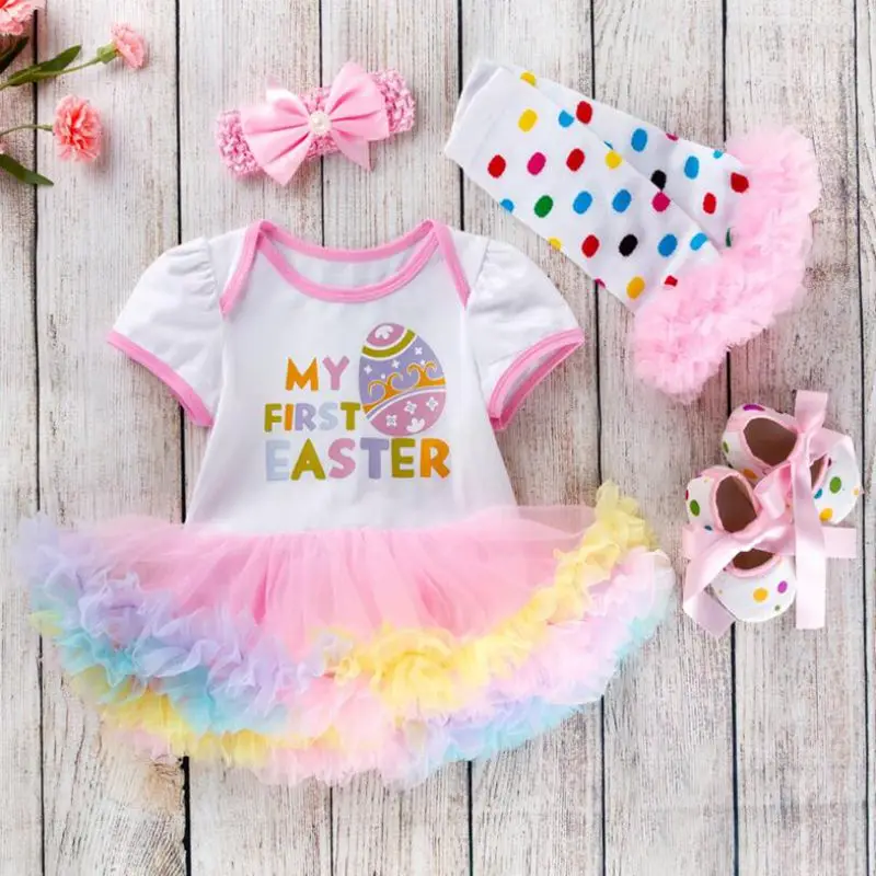 

My First Easter Outfits for Baby Girls Lace Petti Romper Dress Headband Crib Shoes Leg Warmers Kids Clothes Set Newborn Clothing