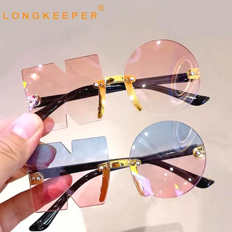 

2022 New Gradient Sunglasses Boys Girls Vintage Ocean Water Cut Trimmed Lens Rimless Eyeglasses Children Kids Eyewear UV400