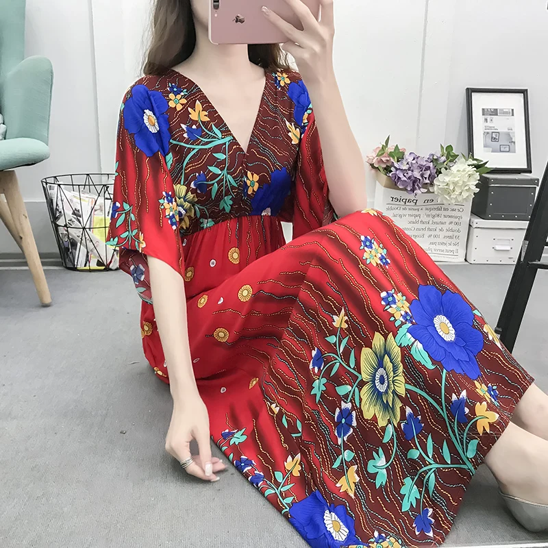 Летнее женское платье-макси с цветочным принтом и V-образным вырезом | Женская