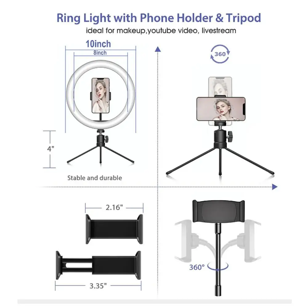 16 26cm LED Ring Light with Tripod Stand Phone Holder 6/10 inch Makeup Lamp for YouTube Video Photography Fill | Электроника