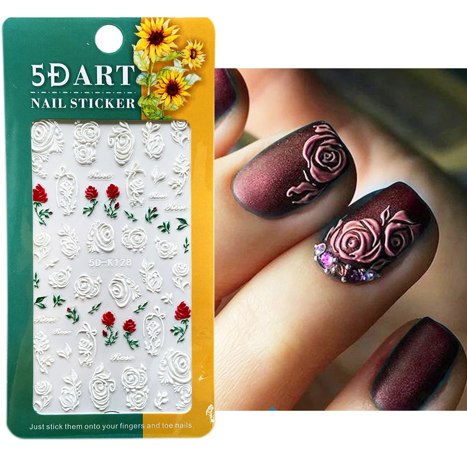 

5D акриловые белые тисненые наклейки в виде роз для ногтей Цветочная кружевная лента гравированная наклейка для ногтей Свадебное предложен...