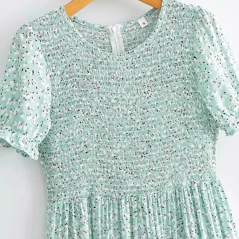 

SALEQI cotton blue floral smocked details women dress puff sleeve ruffled long boho dress casual boho beach summer dress 2021