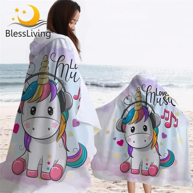 BlessLiving Cute Unicorn Hooded Towel for Kids Rainbow Hair Bath Towel With Hood Love Music Wearable Beach Towel Colorful Toalla 1