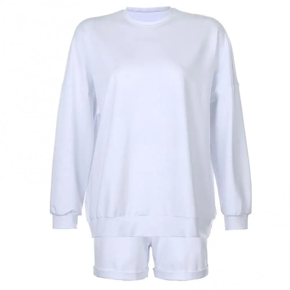 

Fashion Casual Women Clothing Solid Color Set Tracksuit Outfit Long Sleeve Blouse Loose Shorts vetement femme