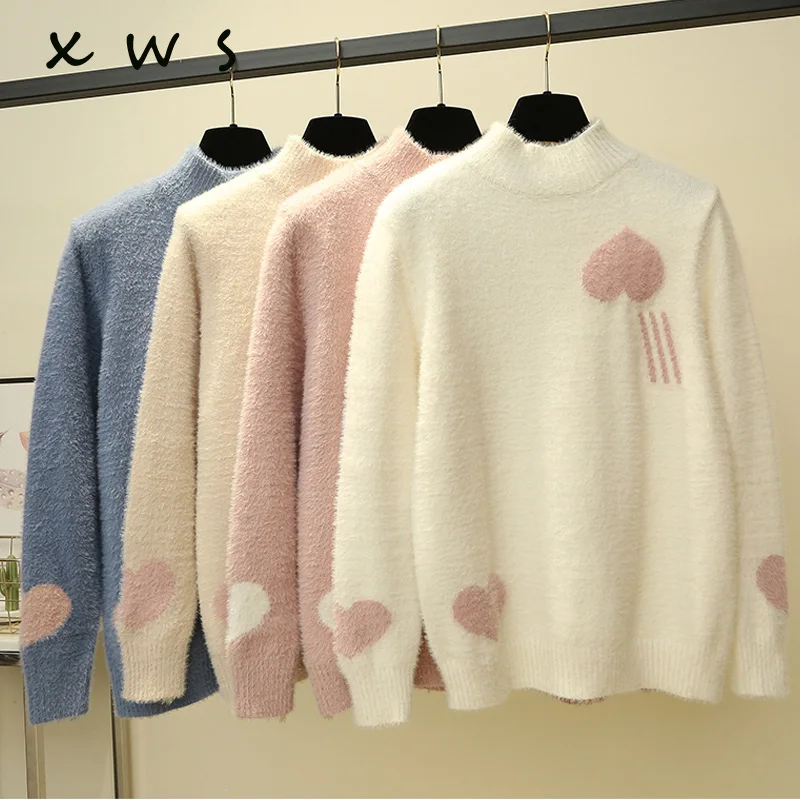 Корейский стиль свободный свитер женский пуловер Повседневный полувысокий воротник длинный рукав вязаный свитер женские джемперы базовый мохер свитер