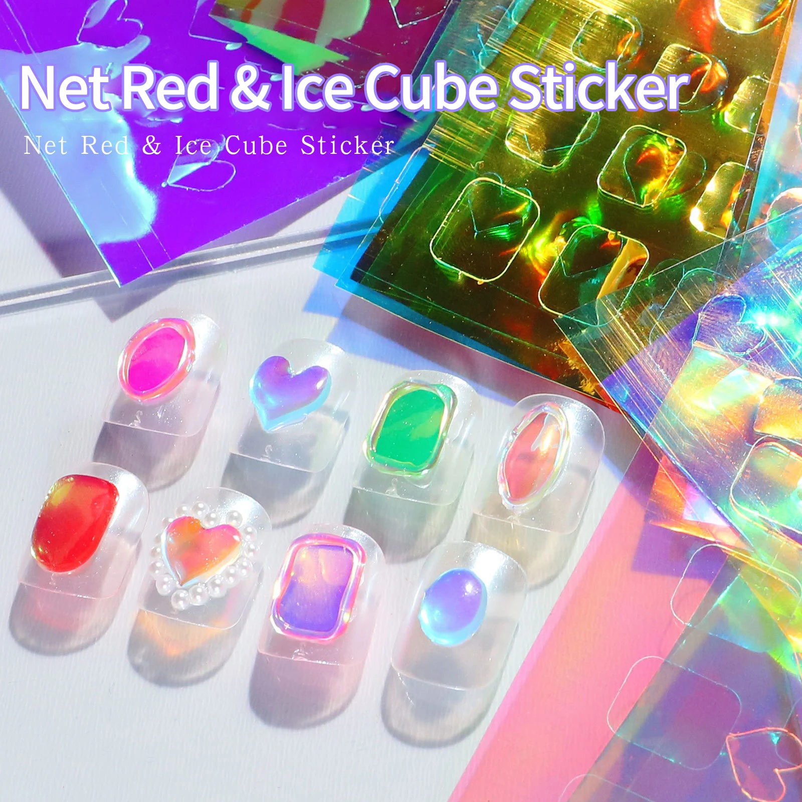 

Designs Nail Stickers Set Paper Laser Mermaid Symphony Mixed Aurora Ice Cubes Cellophane Large Transparent Sticker