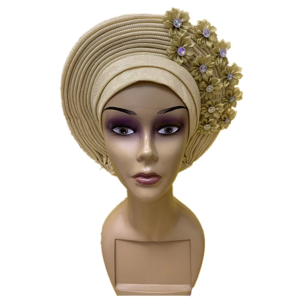 

Золотой головной убор Gele нигерийская африканская шляпа Aso Oke Auto Gele головной убор уже изготовленный бисером тюрбан головной убор для женщин 1 комплект