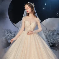 luxury princess wedding dress long sleeves o neck beading sequines shiny lace cathedral elegant champagne bridal gowns new 2022