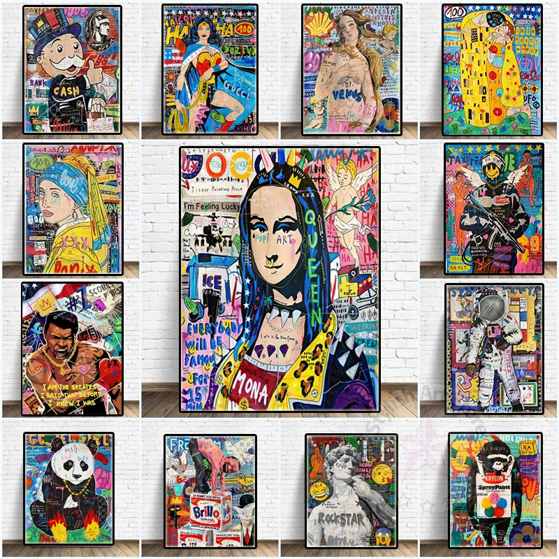 

Graffiti Mona Lisa Canvas Painting Abstract Monopoly Figure Poster Print Street Art Wall Picture Living Room Home Decor Cuadros
