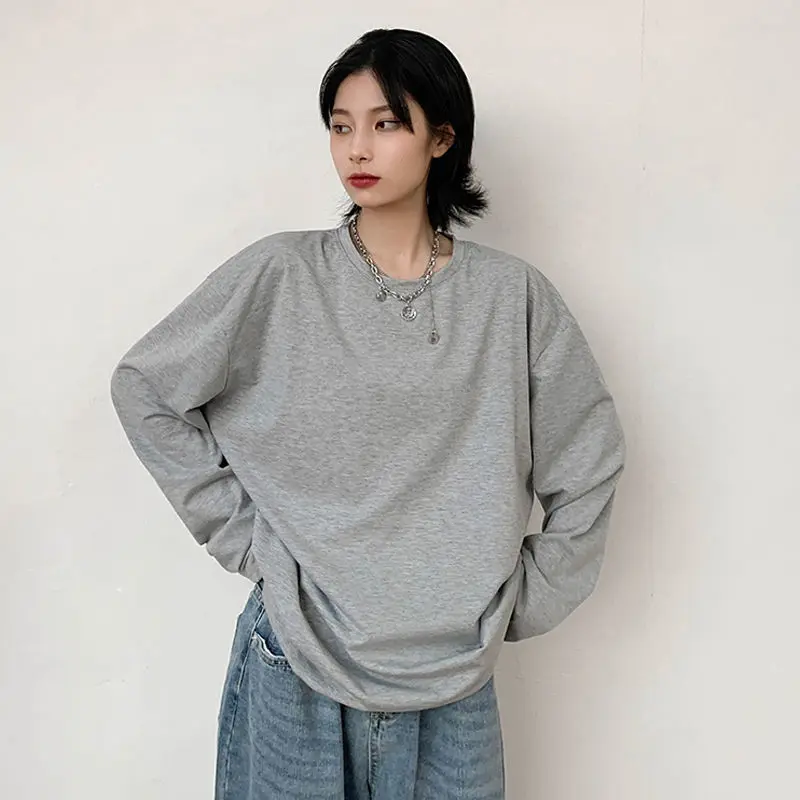 

Женская хлопковая футболка с длинным рукавом, свободная Однотонная рубашка с длинным рукавом, топ, Новинка осени 2021