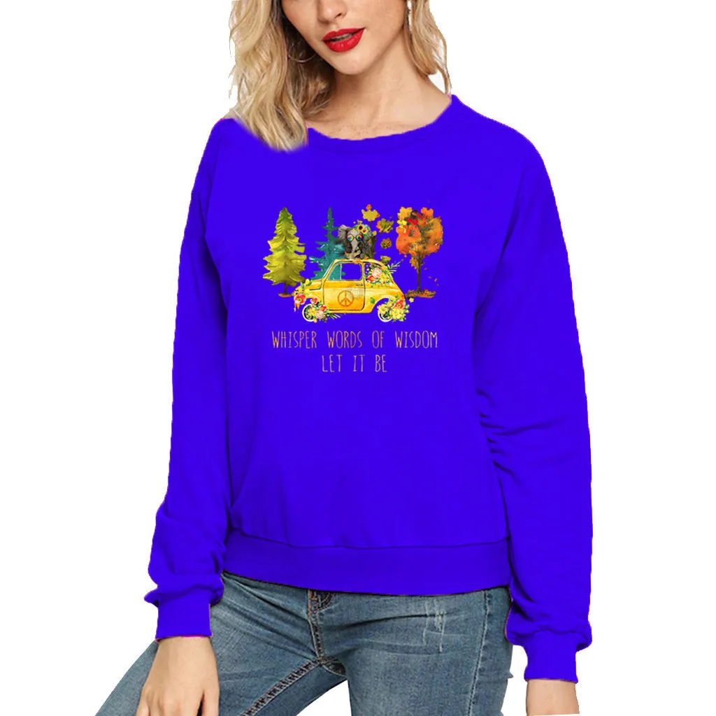 

Elephant Bus Fun Pattern Printed Long Sleeve Tops Round Neck Sweatershirt Letter Printing Sweatshirt Women