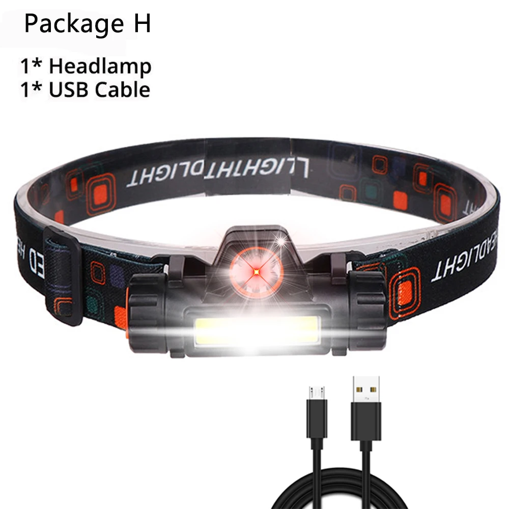 package H Мощный USB Перезаряжаемый XHP50 налобный фонарь XPE+ COB налобный светильник, высокомощный xhp70 налобный фонарь, налобный светильник с зумом, лучший для кемпинга - Испускаемый цвет: package H